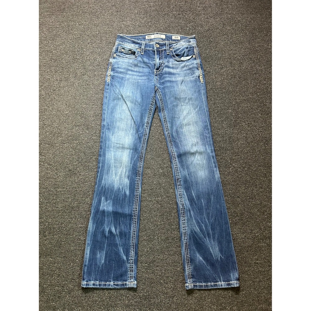 BKE Aiden Bootcut Blue Jeans Mens 29R Distressed Medium Wash Thick Stitch Denim